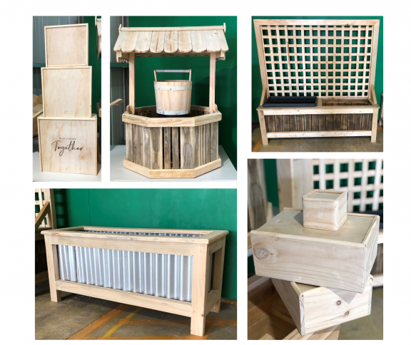 A collage of woodwork products: gift boxes, a wishing well, a large planter with trellis, a raised garden bed, gift boxes