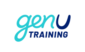 a blue logo on white background with text that reads genu training